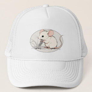 Drawing of a White Mouse nibbling Wheat Grains Trucker Hat