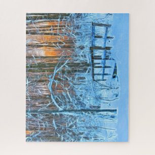 Drawing of a winter scenery at sunset jigsaw puzzle