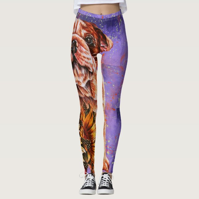 Drawing of Bulldog and Sunflowers Dog Art Leggings (Front)