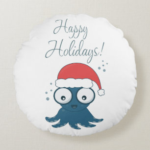 drawing of cute cartoon blue octopus  round cushion