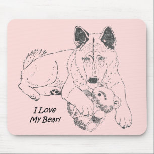 drawing of cute Japanese akita with teddy bear Mouse Pad