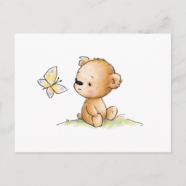 Drawing of cute teddy bear with butterfly postcard (Front)