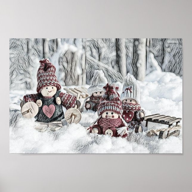 Drawing of gnomes in a winter and snow scenery poster (Front)