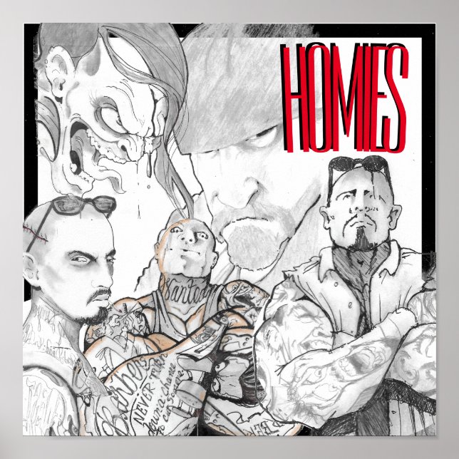Drawing of homies on a poster (Front)