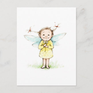 Drawing of little fairy with flower postcard