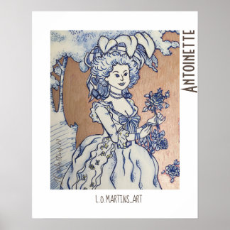 Drawing of Marie Antoinette on blue ink Poster