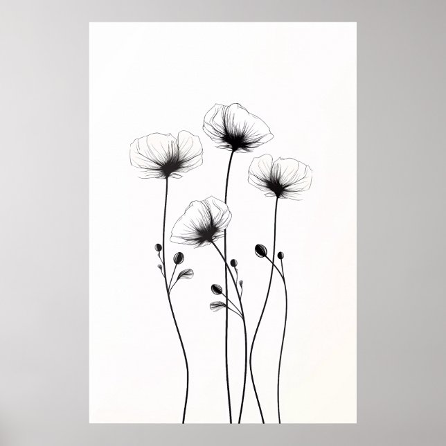 Drawing of minimalist flowers, in black and white. poster (Front)