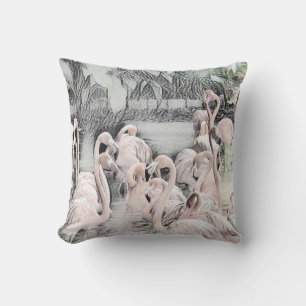 Drawing of Pink and White Flamingos in the Water Cushion