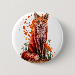 Drawing of Red Fox Animal Art and Orange Paint 6 Cm Round Badge