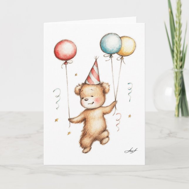 Drawing of Teddy Bear in Birthday Hat with Balloon Card (Front)