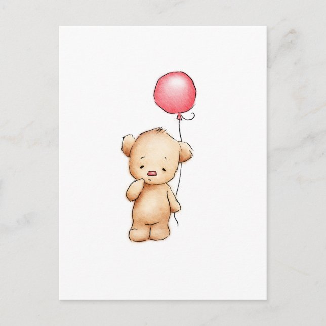 Drawing of teddy bear with red balloon postcard (Front)