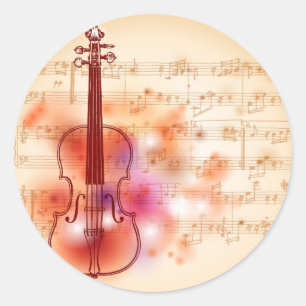 Drawing on watercolor background of violin classic round sticker
