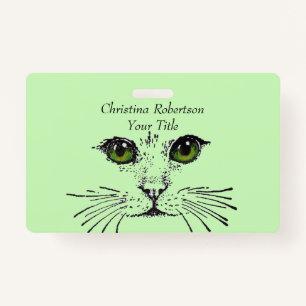 Drawing Pretty Cat Face Bright Eyes Light Green ID Badge