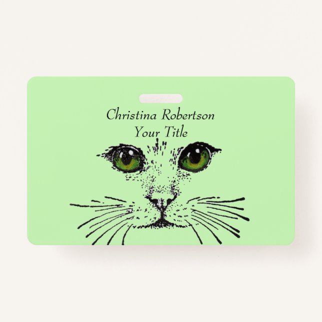 Drawing Pretty Cat Face Bright Eyes Light Green ID Badge (Front)