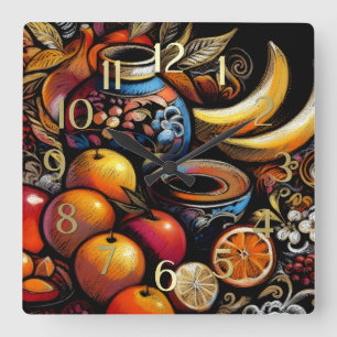Drawing Stylized Still Life Vase Fruit Square Wall Clock