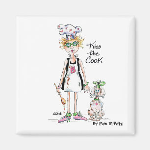 Drawing tired woman cook appreciates a kiss magnet