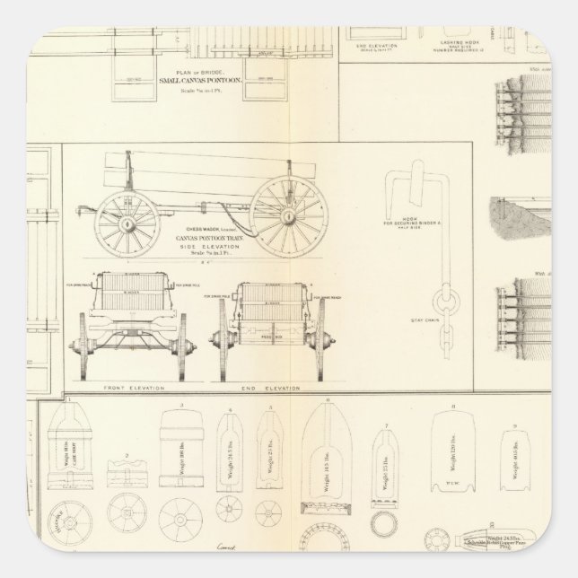 Drawings boats, bridges, wagons, projectiles square sticker (Front)