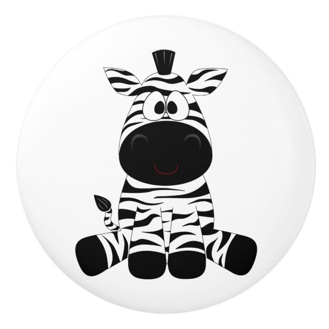 Drawn Black and White Cartoon Zebra sitting Ceramic Knob (Front)