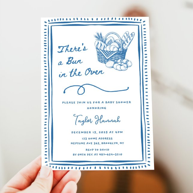 Drawn Blue Bun in the Oven Baby Shower Party Invitation (Creator Uploaded)