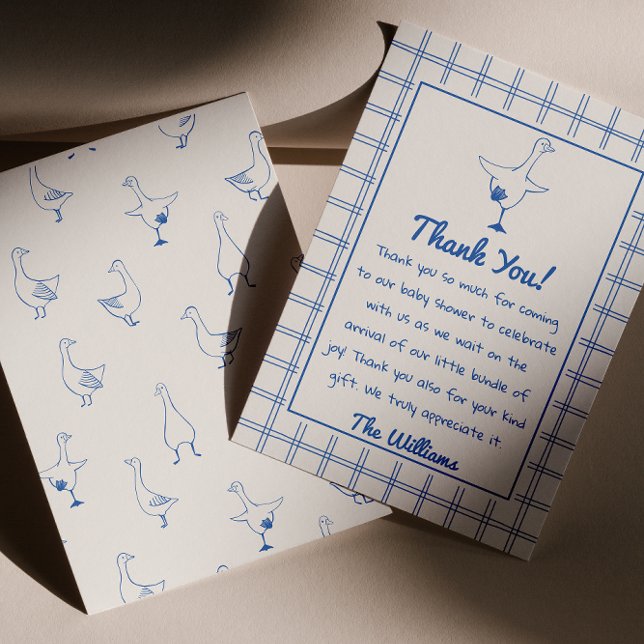 Drawn Blue Silly Goose Gingham Boy Baby Shower Thank You Card (Creator Uploaded)