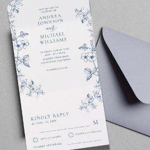 Drawn Blue Vintage Floral Spring Wedding RSVP All In One Invitation