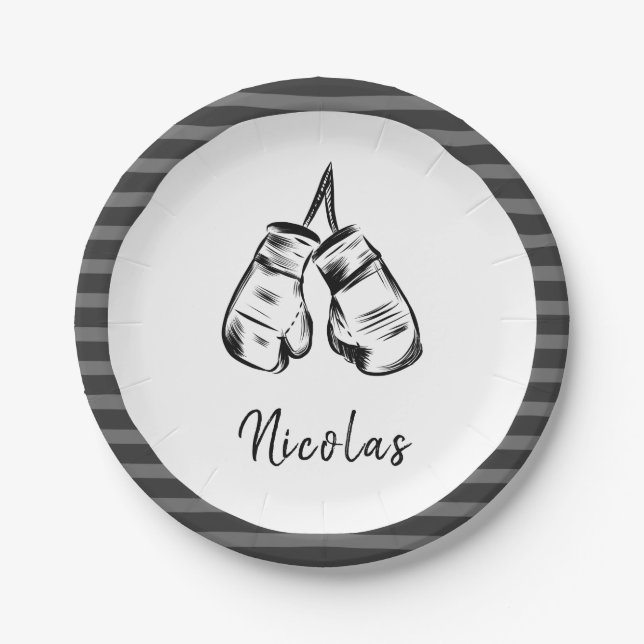 Drawn Boxing Gloves Design Striped Personalised  Paper Plate (Front)