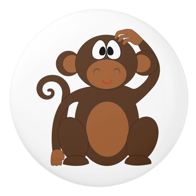 Drawn Brown Cartoon monkey scratching head Ceramic Knob (Front)