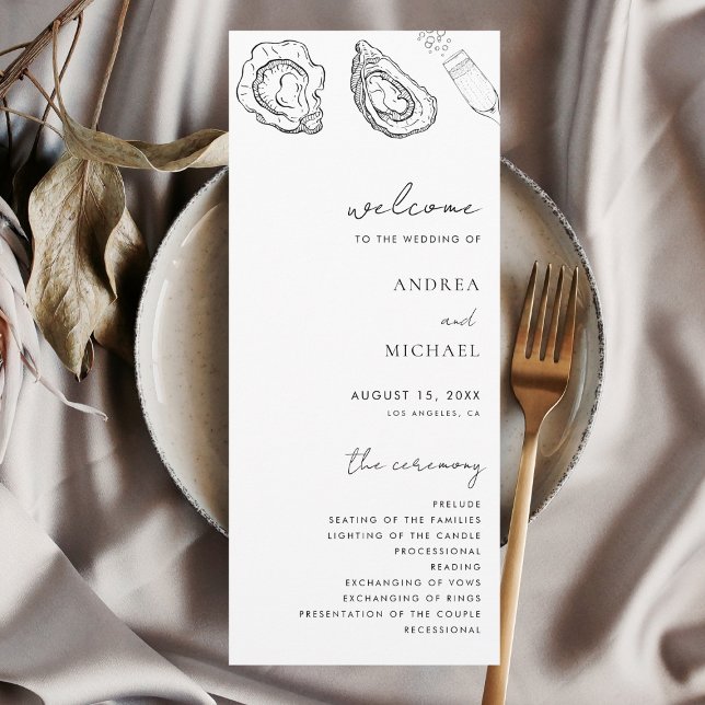 Drawn Champagne Oysters Minimalist Seafood Wedding Program (Creator Uploaded)