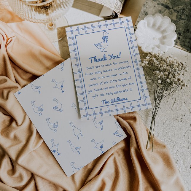 Drawn Goose Gingham Blue Classic Boy Baby Shower Thank You Card (Creator Uploaded)