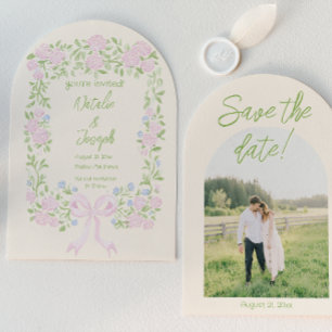 Drawn Green Pink Bow Floral Photo Arched Wedding Save The Date
