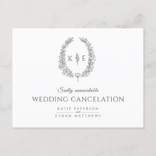 Drawn leaf wreath monogram wedding cancellation announcement postcard