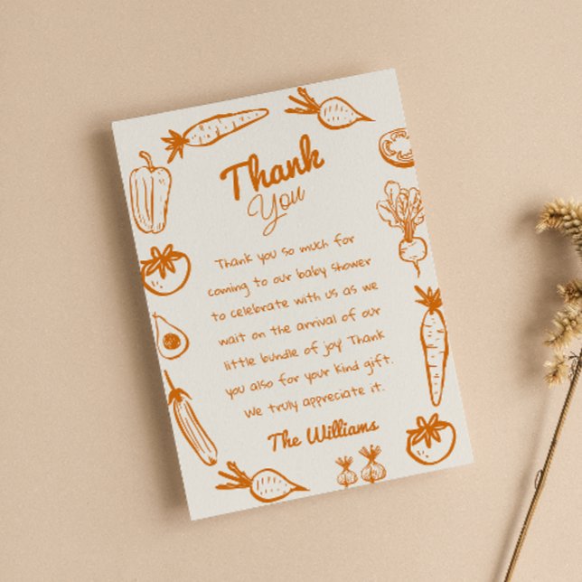 Drawn  Orange Locally Grown Vegetables Baby Shower Thank You Card (Creator Uploaded)