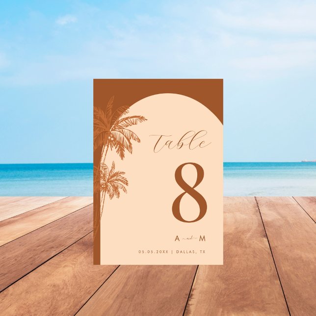 Drawn Palm Tree Terracotta Monogram Beach Wedding  Table Number (Creator Uploaded)