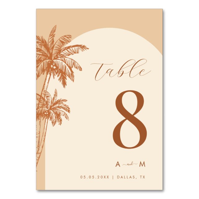 Drawn Palm Tree Warm Ivory Monogram Beach Wedding  Table Number (Front)