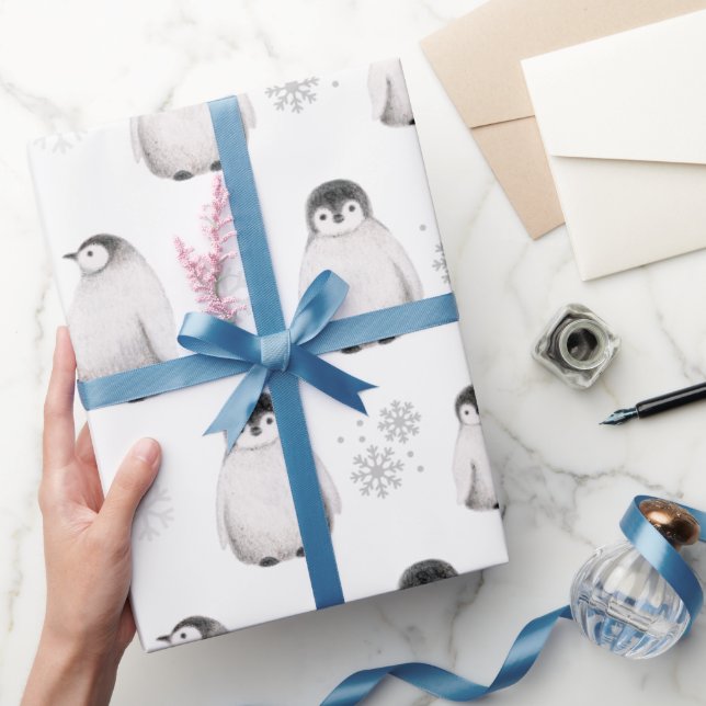 Drawn Penguins Snowflakes Winter Dreamy Grey Snow  Wrapping Paper (Gifting)