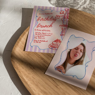 Drawn Pink Floral Pancakes Photo Birthday Brunch Invitation