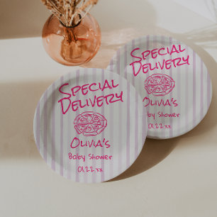 Drawn Pizza Pink Special Delivery Baby Shower Paper Plate