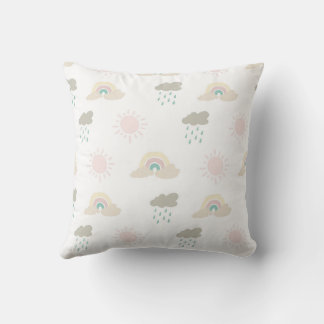 drawn rainbow, sun and clouds.  cushion
