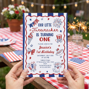 Drawn Red White Blue 1st Birthday Invitation