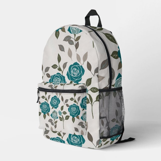 Drawn Roses In Muted Blues And Greens  Printed Backpack (Back Corner Right)