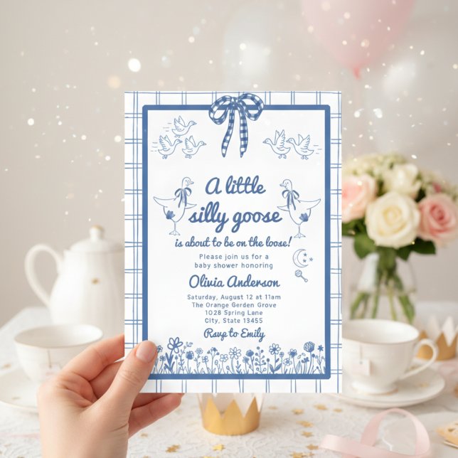 Drawn Silly Goose blue Gingham Ribbon Baby Shower Invitation (Creator Uploaded)