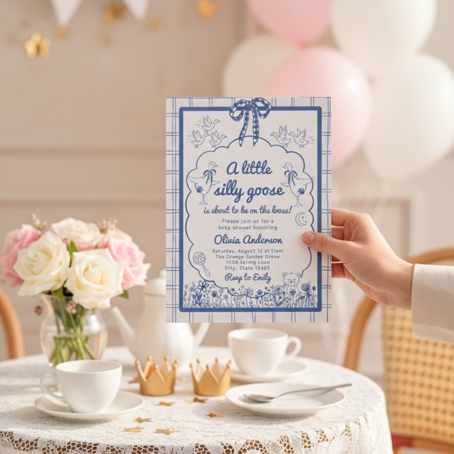 Drawn Silly Goose blue Gingham Ribbon Baby Shower Invitation (Creator Uploaded)