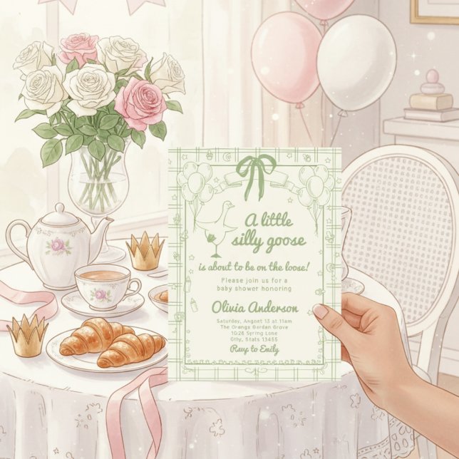 Drawn Silly Goose green Gingham Ribbon Baby Shower Invitation (Creator Uploaded)
