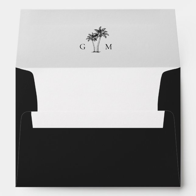 Drawn Sketch Palm Tree Monogram Black Wedding Envelope (Back (Bottom))