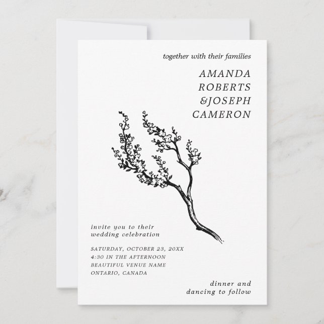 Drawn Tree Branch Modern Photo QR Code Wedding Invitation (Front)