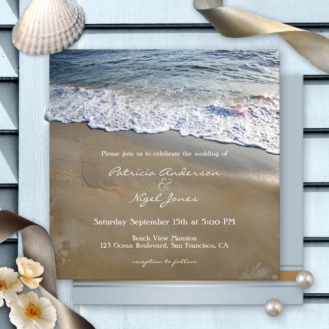 Dream Beach Wedding Invitation (Romantic wedding invitation featuring an image of the waves flowing on the beach on a dreamy day.)