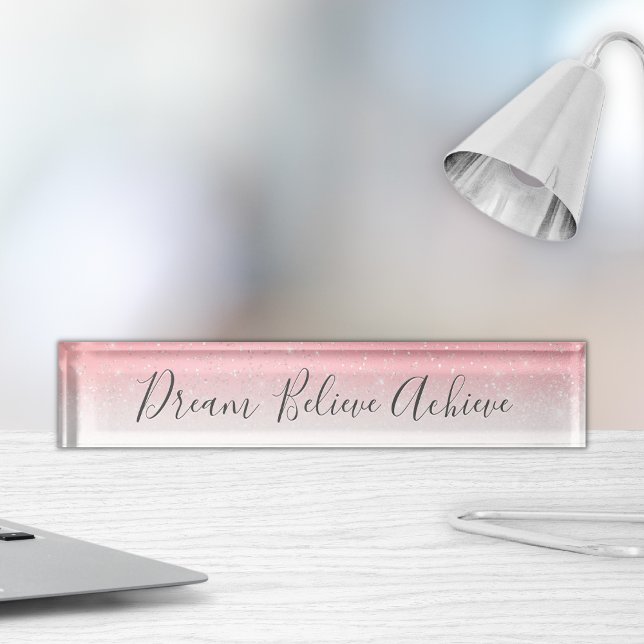 Dream Believe Achieve Motivational Pink Silver Nameplate (Creator Uploaded)