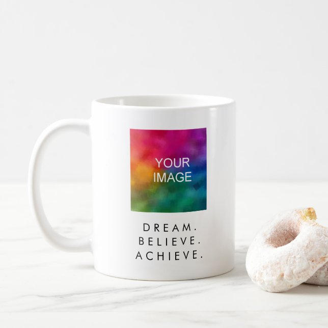 Dream Believe Achieve Success Custom Text Quote Coffee Mug (With Donut)