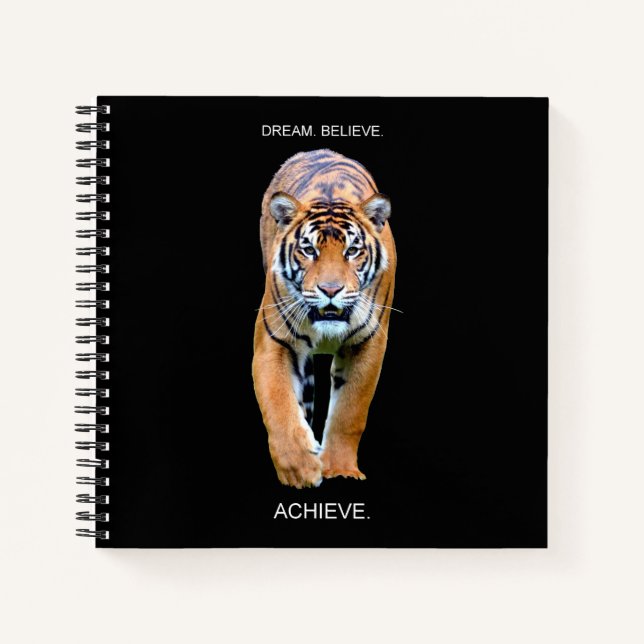 Dream Believe Achieve Tiger Spiral Square Graph Notebook (Front)