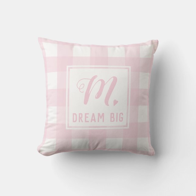 Dream Big Baby Pink Monogram Extra Large Gingham Cushion (Front)